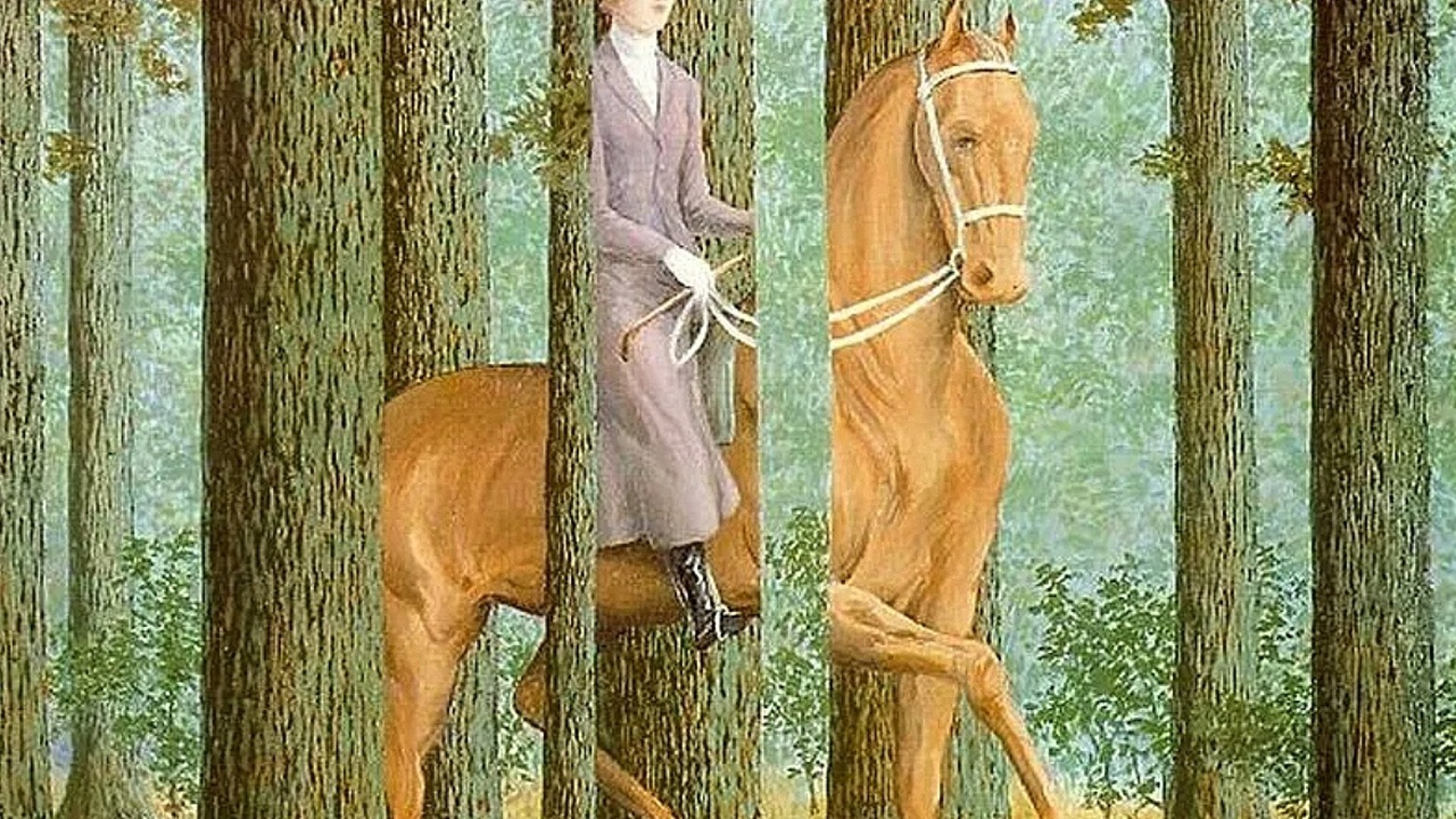 На выставке в ряд повесили четыре картины. Заблудившийся жокей Магритт. Рене Магритт всадница. Рене Магритт конь. Рене Магритт лошадь.
