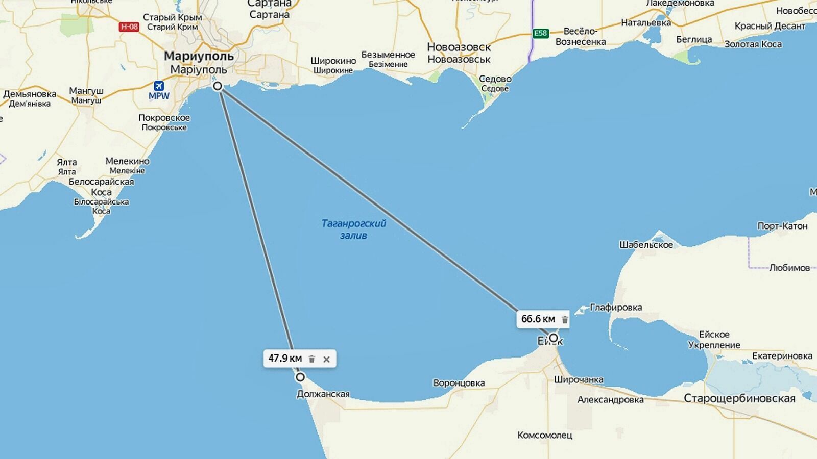Расстояние от порта Мариуполя до побережья Кубани.